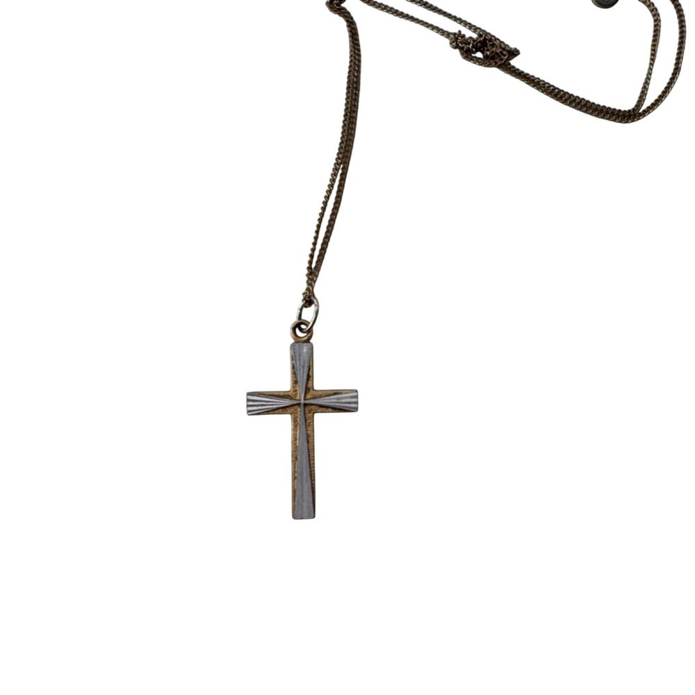 Vintage Silver & Gold Tone Cross Pendant Necklace Signed SN Fashion Jewelry